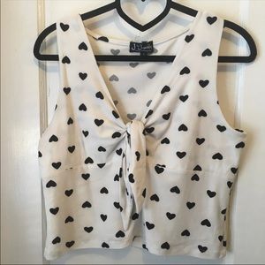 White Crop Tank Top/Black Hearts/Bowknot Above Keyhole on Chest/Juniors Medium